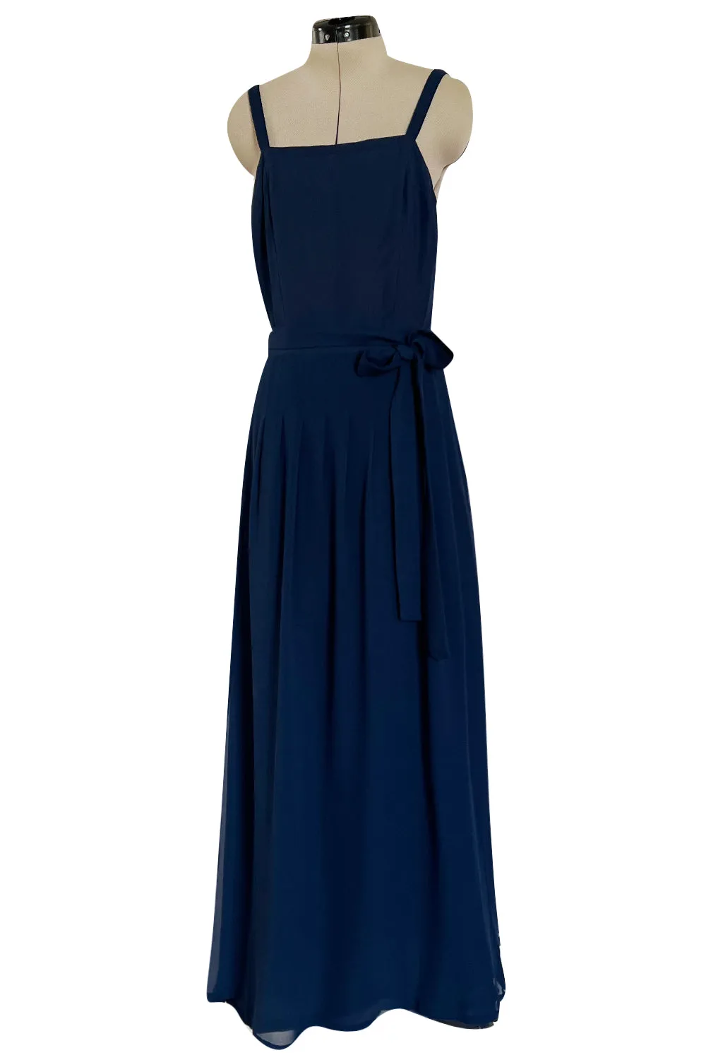 Chic 1970s Christian Dior by Marc Bohan Minimalist Blue Silk Chiffon Drop Waist Dress
