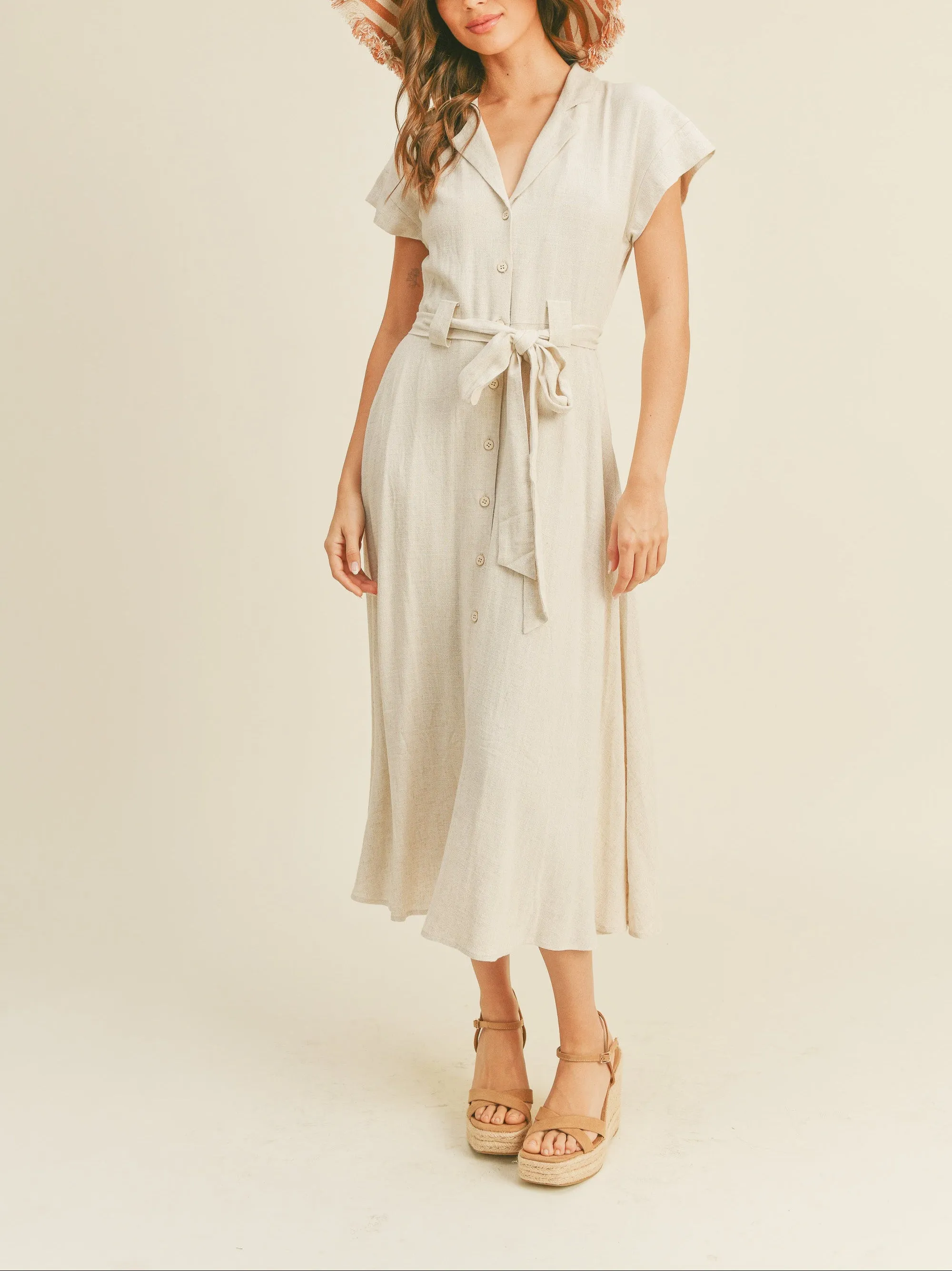 Coffee Date V-Neck Button Down A Line Tie Waist Dress (Assorted)
