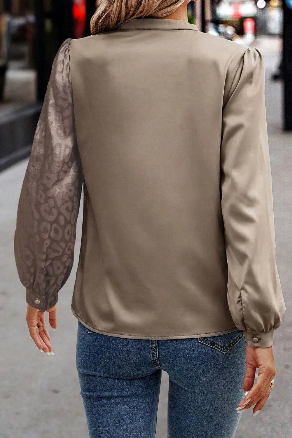 Contrast Half Leopard Jacquard Satin Blouse: Beige S-XL Full Time Purchase