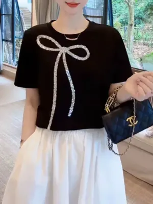 Cotton Diamonds Edging Bow Tassel Slim T-Shirt