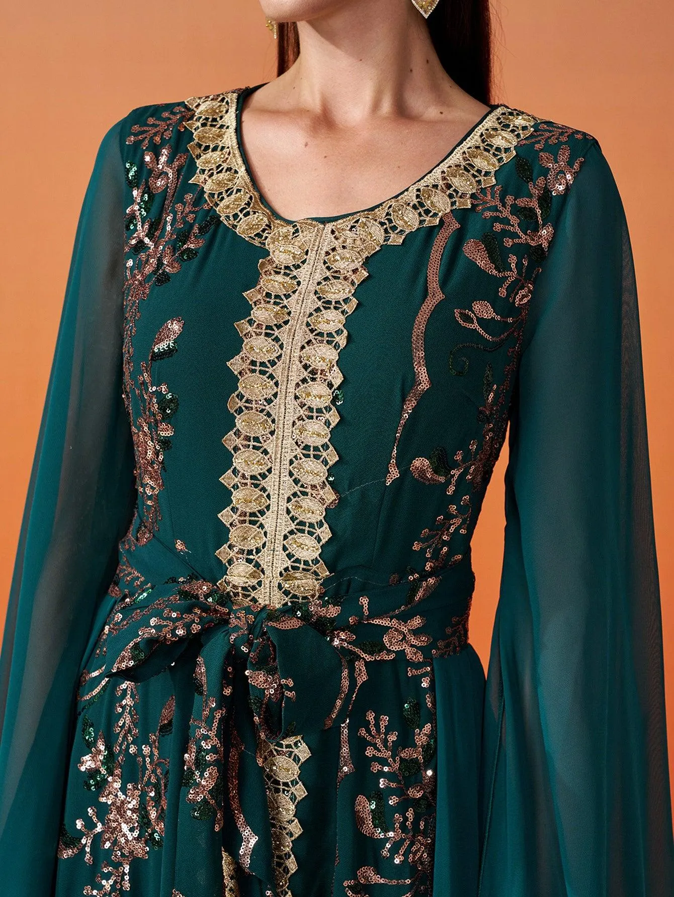 Crew Neck Panel Bowknot Sequin Dress MES00412