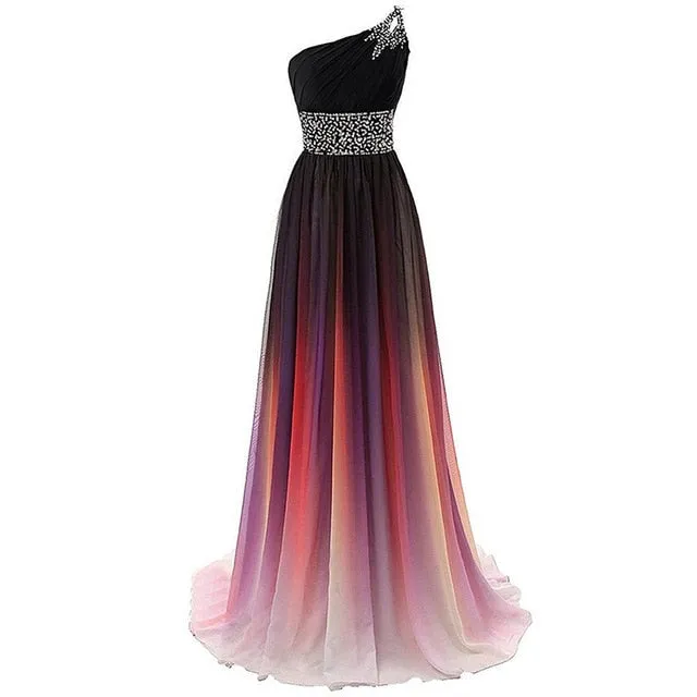 Crystals One Shoulder Large Size Lace Up Evening Dress Gradient Long Chiffon Dress For Women Engagement Wedding Party Maxi Dress