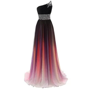 Crystals One Shoulder Large Size Lace Up Evening Dress Gradient Long Chiffon Dress For Women Engagement Wedding Party Maxi Dress