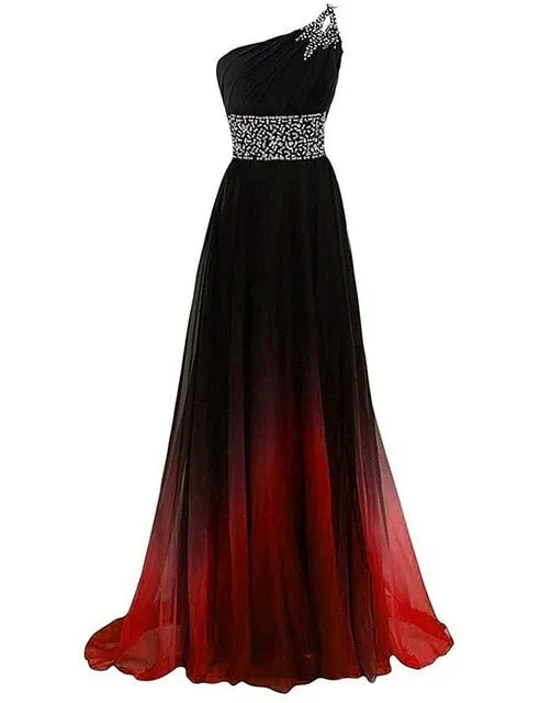 Crystals One Shoulder Large Size Lace Up Evening Dress Gradient Long Chiffon Dress For Women Engagement Wedding Party Maxi Dress