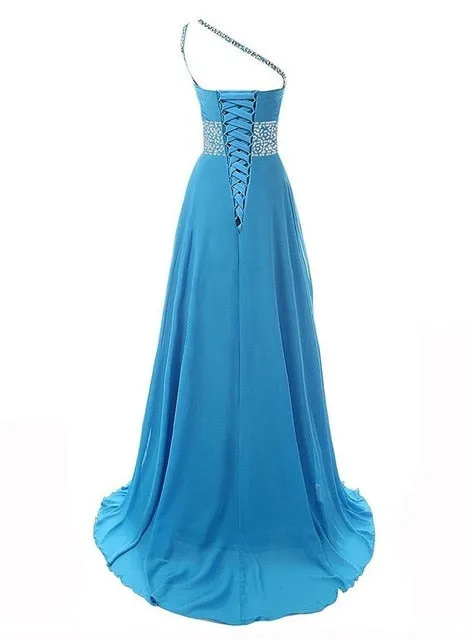 Crystals One Shoulder Large Size Lace Up Evening Dress Gradient Long Chiffon Dress For Women Engagement Wedding Party Maxi Dress