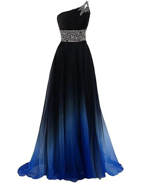 Crystals One Shoulder Large Size Lace Up Evening Dress Gradient Long Chiffon Dress For Women Engagement Wedding Party Maxi Dress