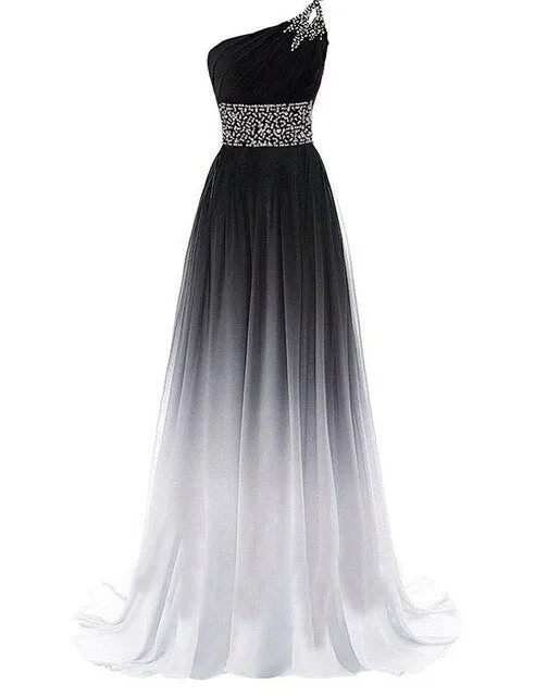 Crystals One Shoulder Large Size Lace Up Evening Dress Gradient Long Chiffon Dress For Women Engagement Wedding Party Maxi Dress