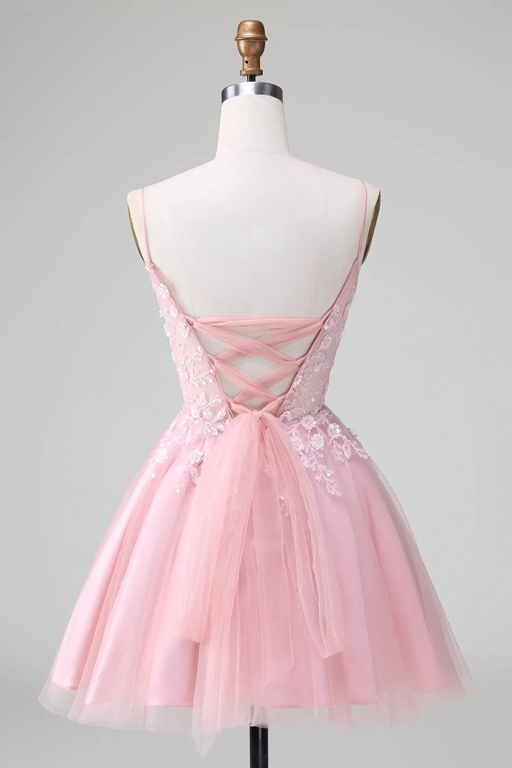 Cute A Line Spaghetti Straps Corset Short Blush Homecoming Dress with Appliques