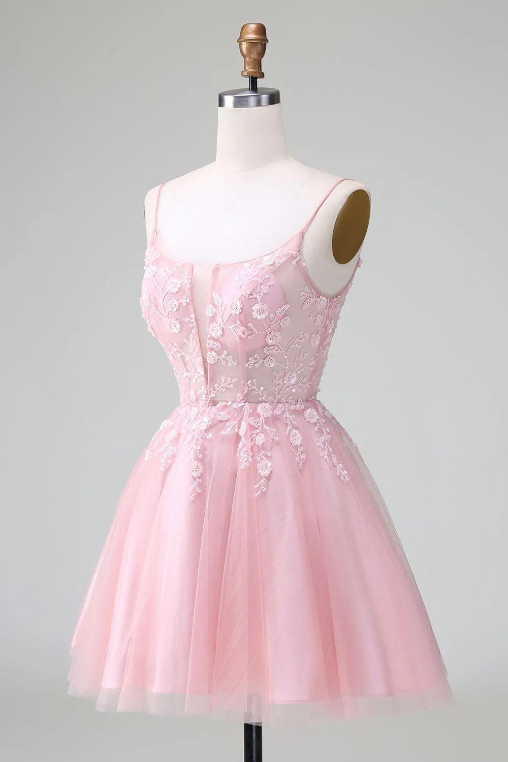 Cute A Line Spaghetti Straps Corset Short Blush Homecoming Dress with Appliques