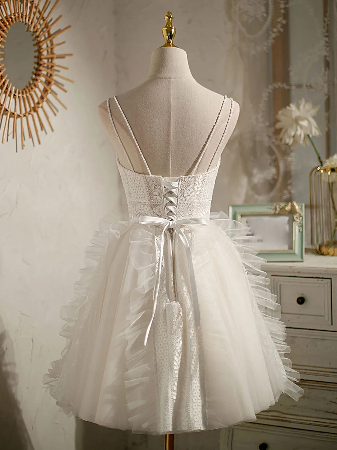 Cute v neck tulle lace short prom dress lace cocktail dress