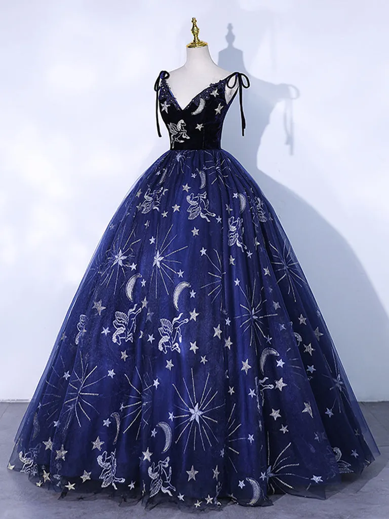 Dark Blue V Neck Tulle Long Prom Dress, Dark Blue Formal Evening Dress