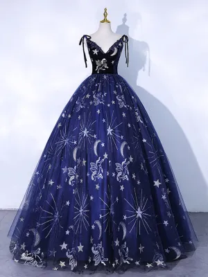 Dark Blue V Neck Tulle Long Prom Dress, Dark Blue Formal Evening Dress