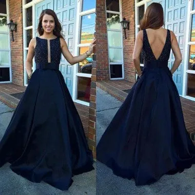 Elegant A line Red Evening Dresses with Black Beadings Satin Long Formal Party Gowns 2018
