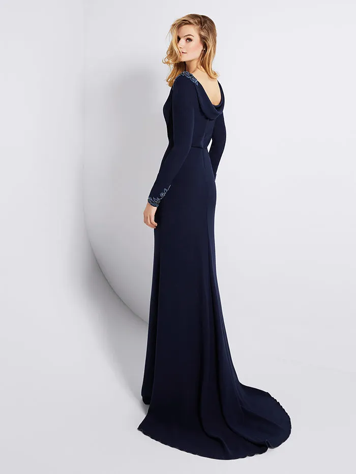 Elegant Long Sleeve Navy Blue Evening Gowns Beaded Formal Dresses 2018
