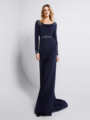 Elegant Long Sleeve Navy Blue Evening Gowns Beaded Formal Dresses 2018