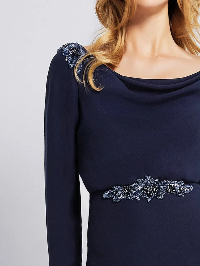 Elegant Long Sleeve Navy Blue Evening Gowns Beaded Formal Dresses 2018