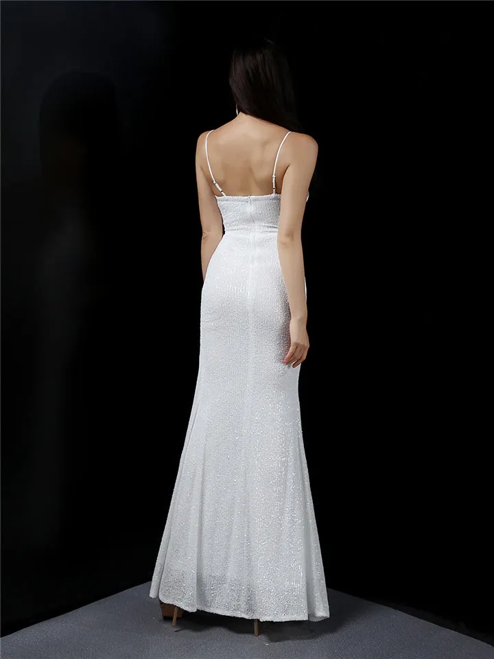 Elegant Sexy Slim Sequins Split Fishtail Evening Dresses
