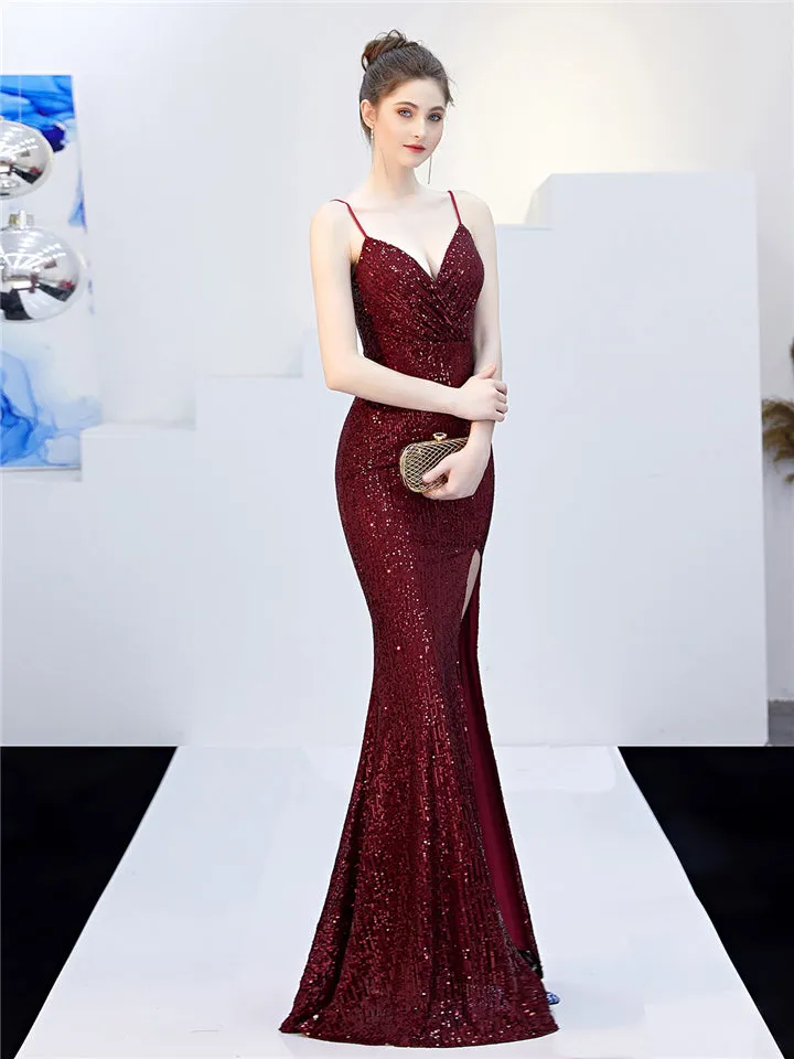 Elegant Sexy Slim Sequins Split Fishtail Evening Dresses