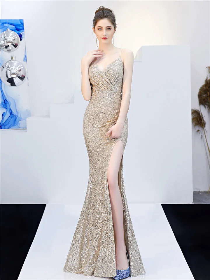 Elegant Sexy Slim Sequins Split Fishtail Evening Dresses