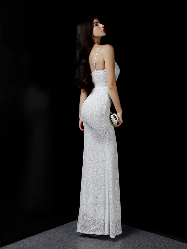 Elegant Sexy Slim Sequins Split Fishtail Evening Dresses