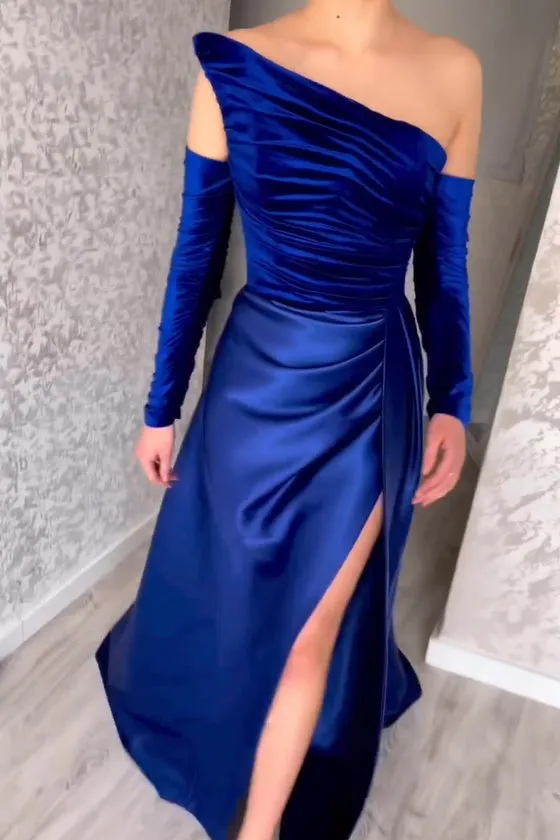 Fabulous Long Strapless A-Line Split Front Evening Prom Dresses With Long Sleeves