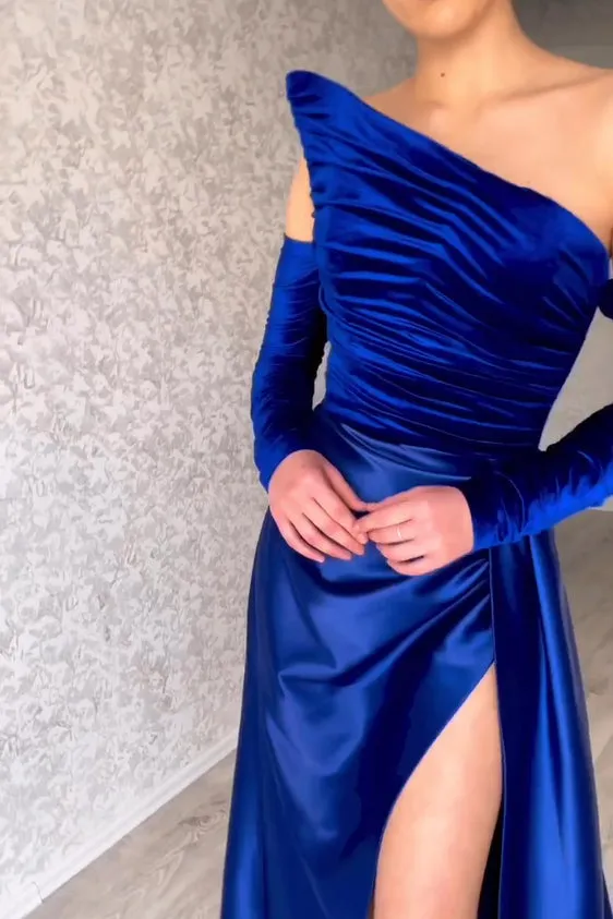 Fabulous Long Strapless A-Line Split Front Evening Prom Dresses With Long Sleeves