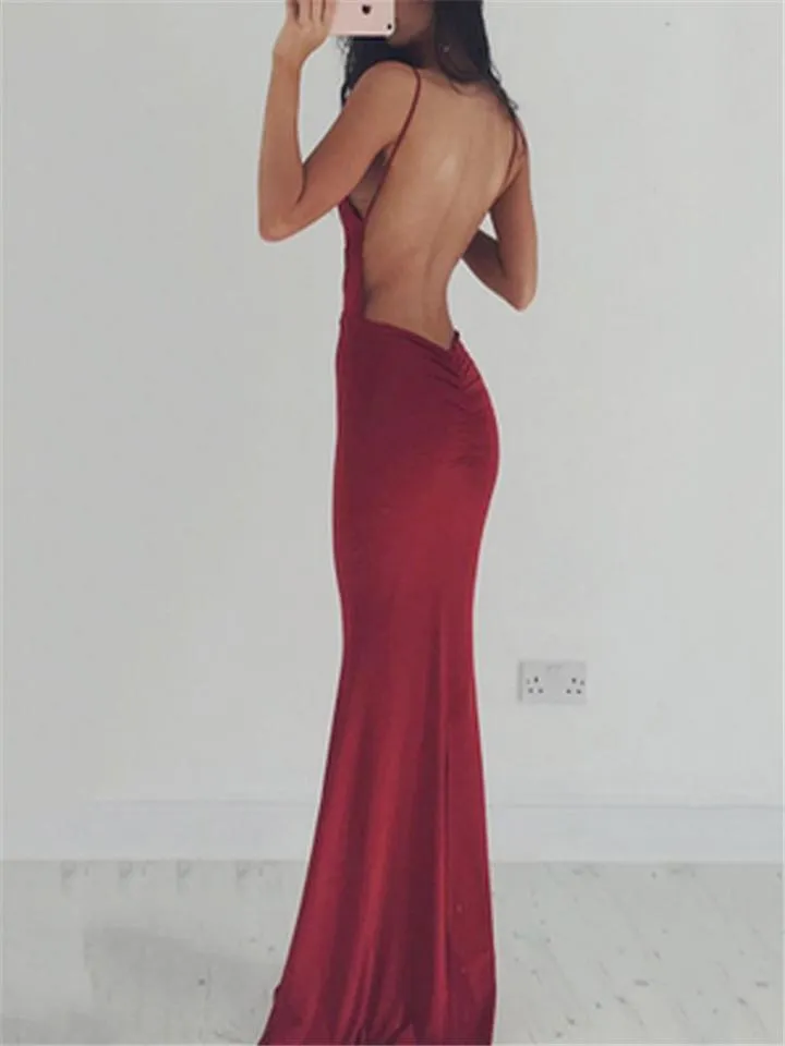 Flattering Low V Neck Backless Strappy Trumpet Dress for Prom