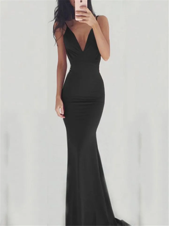 Flattering Low V Neck Backless Strappy Trumpet Dress for Prom