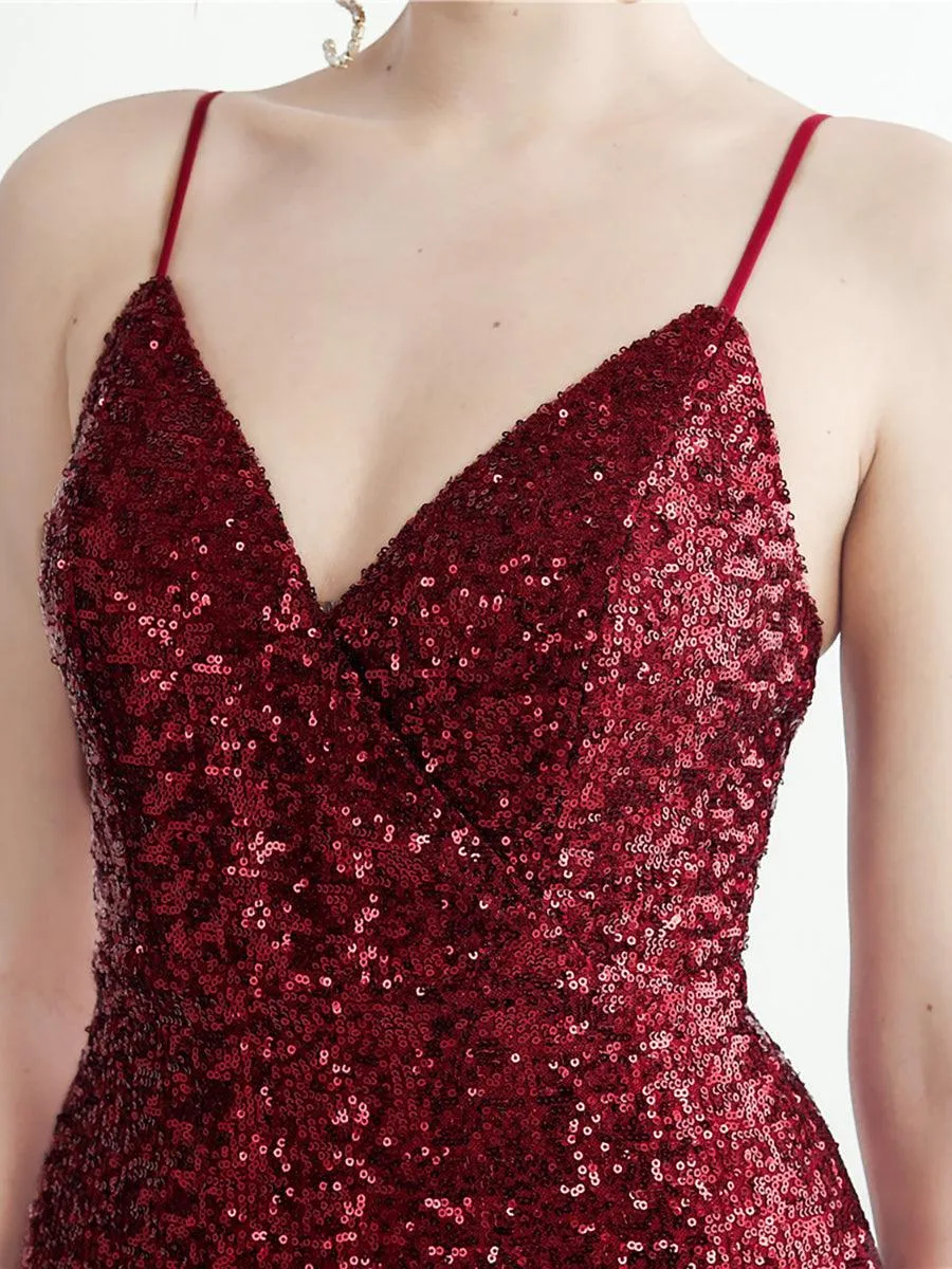 Fringed Sequin Spaghetti Split Cocktail Dress MYC2008