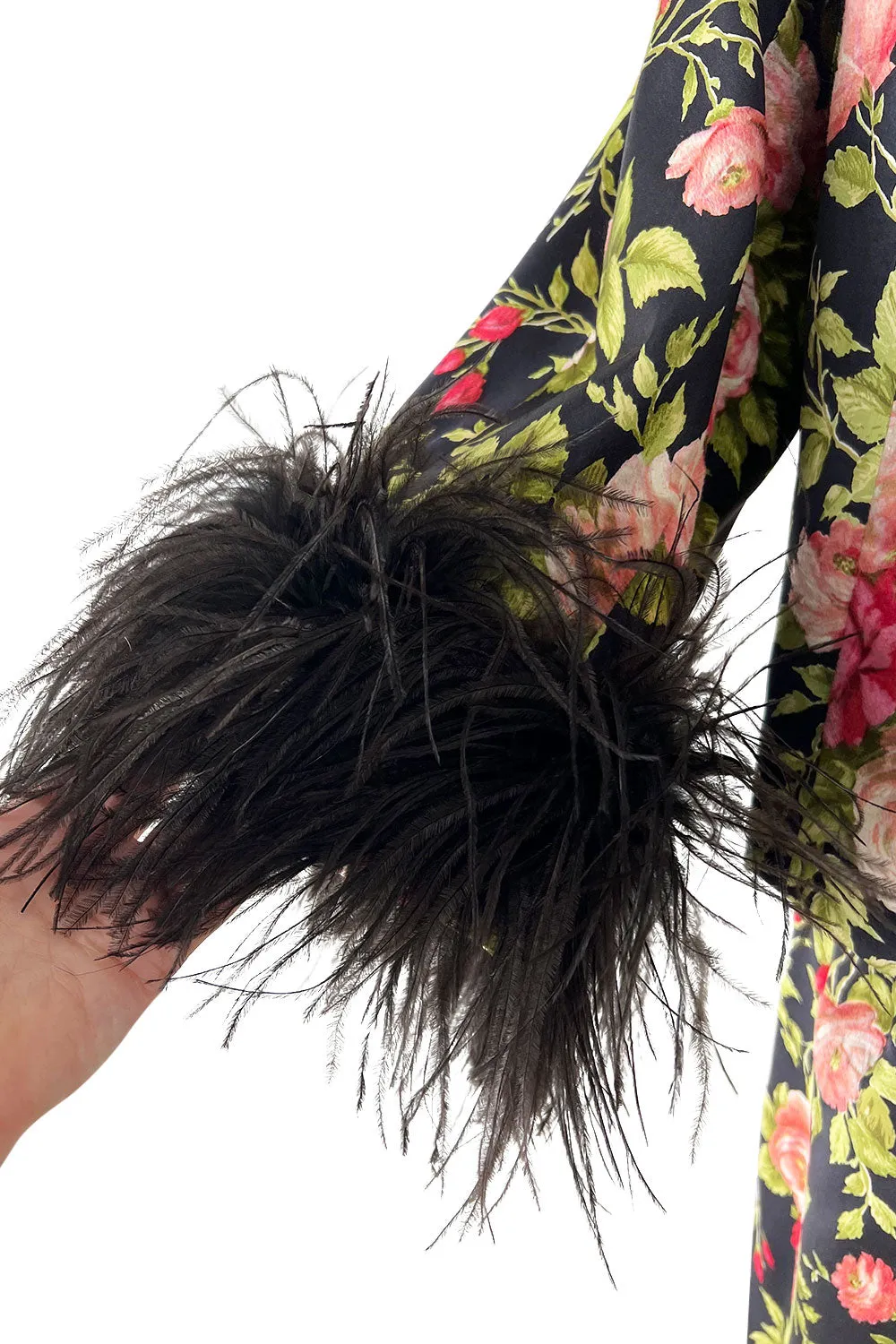 Gorgeous 1950s Fused Chenille Flowers on Silk Dress w Ostrich Feather Trim Jacket