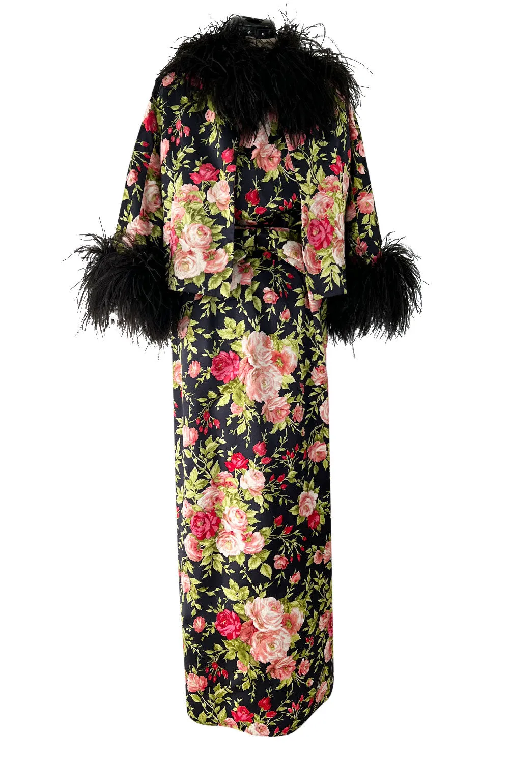 Gorgeous 1950s Fused Chenille Flowers on Silk Dress w Ostrich Feather Trim Jacket