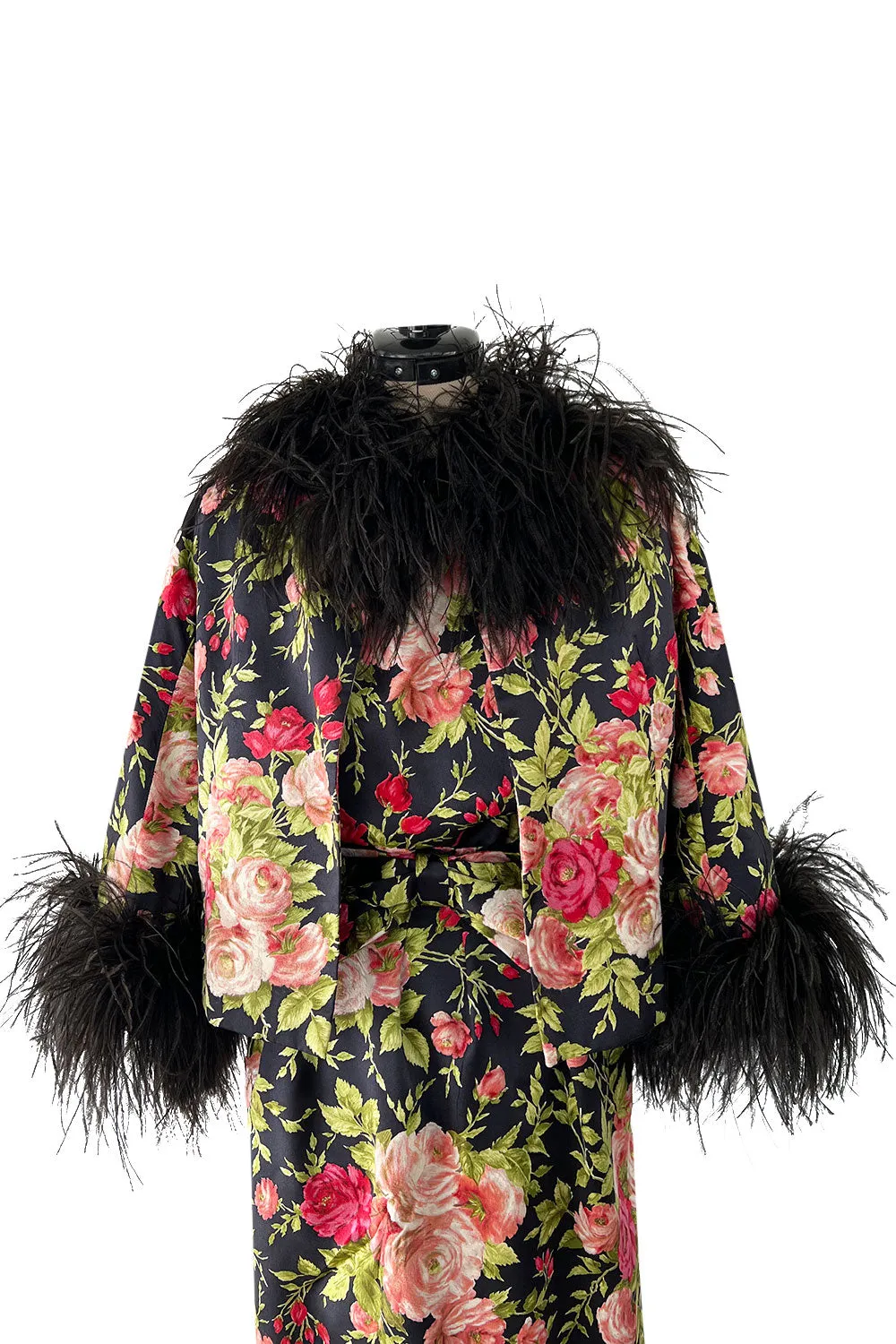 Gorgeous 1950s Fused Chenille Flowers on Silk Dress w Ostrich Feather Trim Jacket