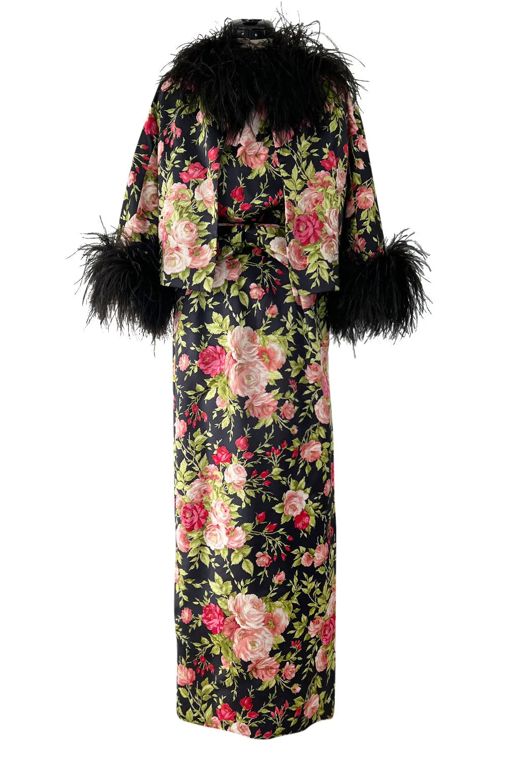 Gorgeous 1950s Fused Chenille Flowers on Silk Dress w Ostrich Feather Trim Jacket