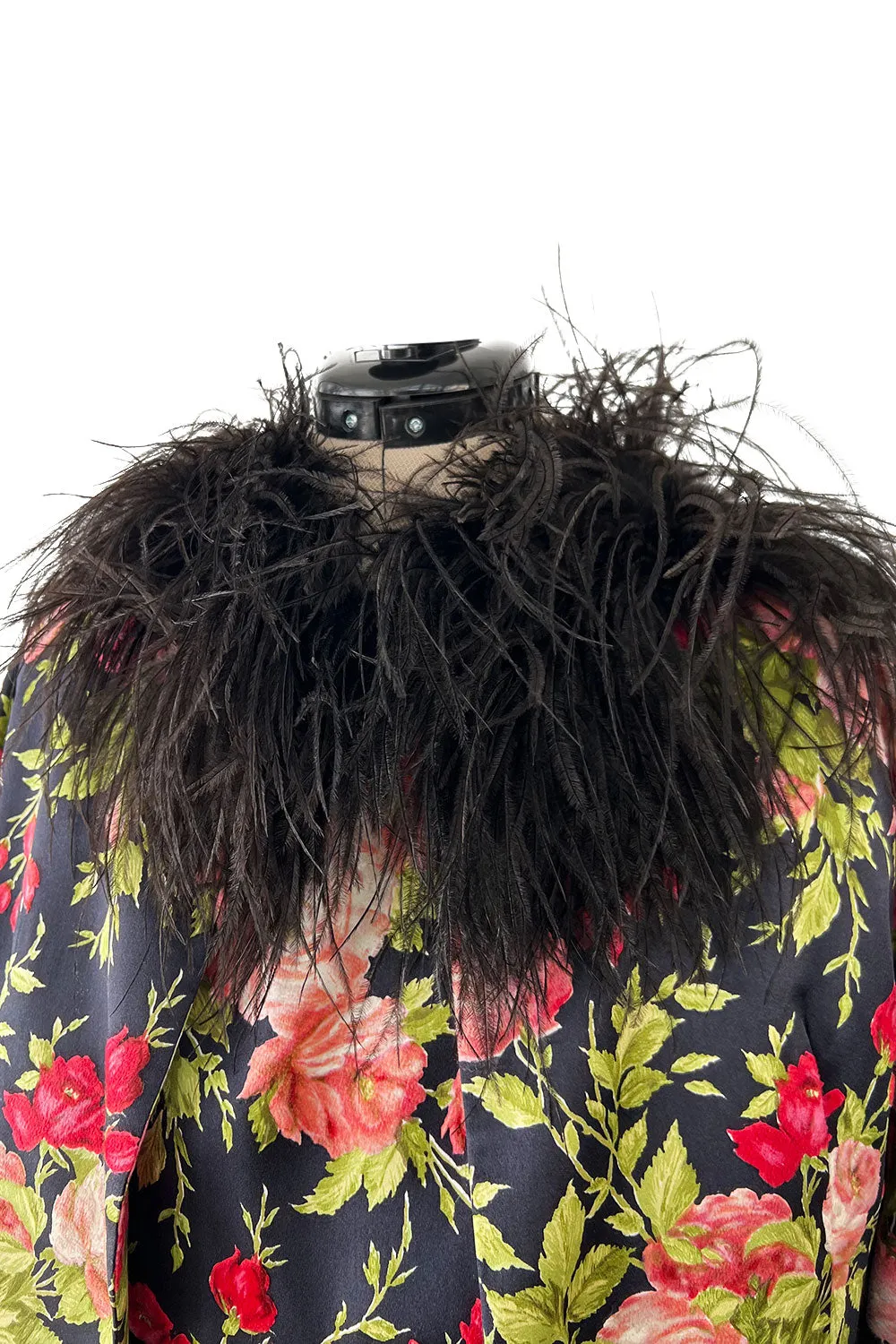 Gorgeous 1950s Fused Chenille Flowers on Silk Dress w Ostrich Feather Trim Jacket