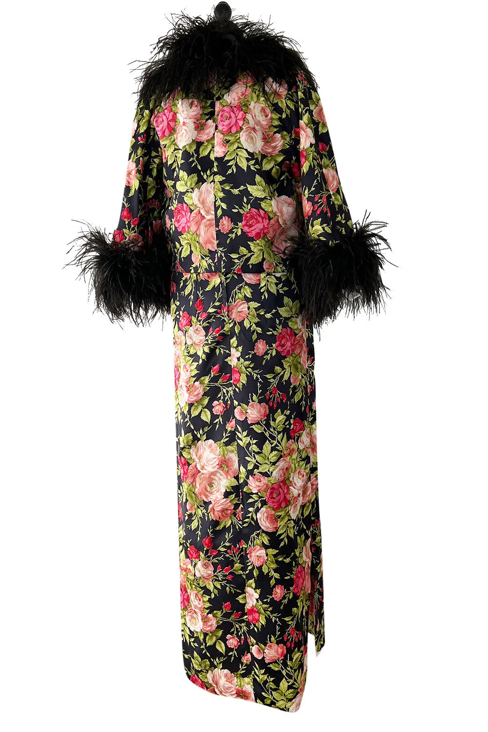 Gorgeous 1950s Fused Chenille Flowers on Silk Dress w Ostrich Feather Trim Jacket