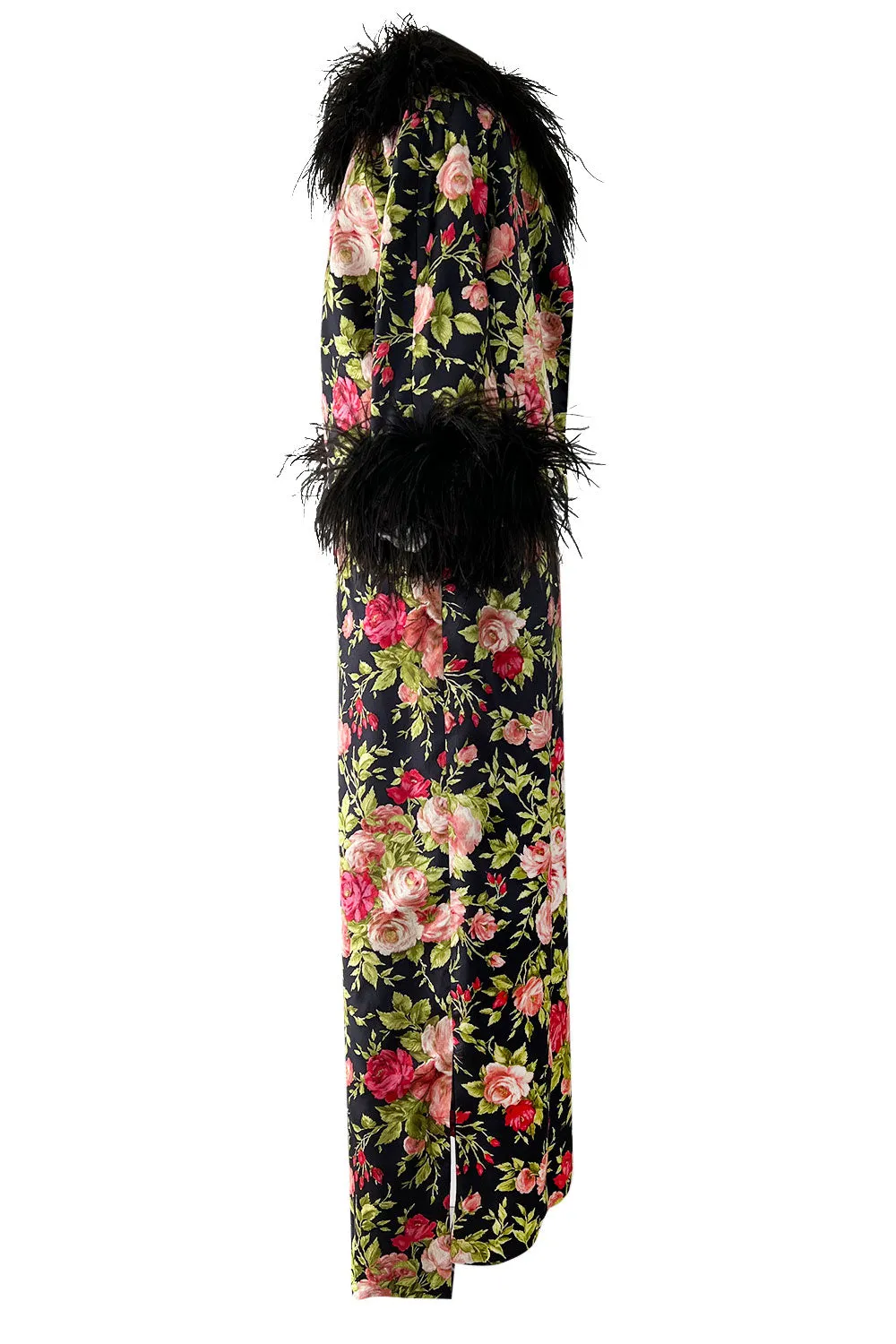 Gorgeous 1950s Fused Chenille Flowers on Silk Dress w Ostrich Feather Trim Jacket