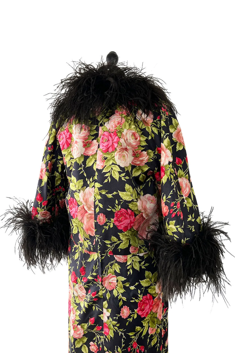 Gorgeous 1950s Fused Chenille Flowers on Silk Dress w Ostrich Feather Trim Jacket