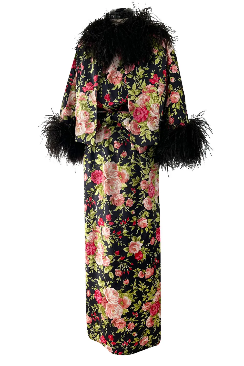 Gorgeous 1950s Fused Chenille Flowers on Silk Dress w Ostrich Feather Trim Jacket
