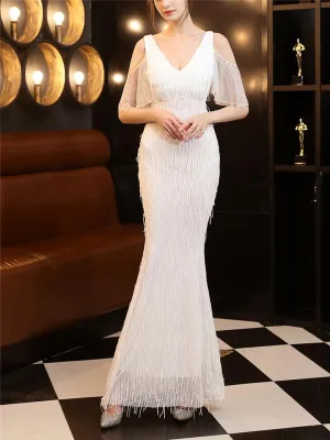 Gorgeous Fringe Beaded Cutout Shoulder Dress for Formal Party