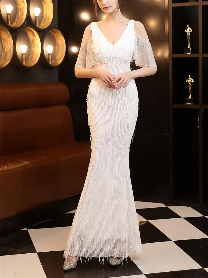 Gorgeous Fringe Beaded Cutout Shoulder Dress for Formal Party