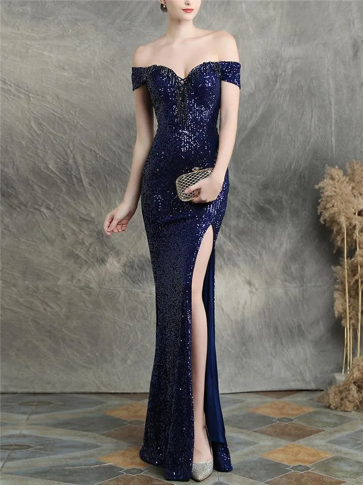 Gorgeous Off the Shoulder High Slit Sequin Evening Gown Dress
