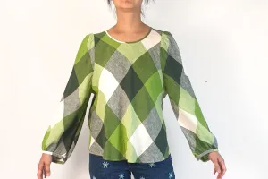 Gorman green check print linen long sleeve top size 10 (from 2023)