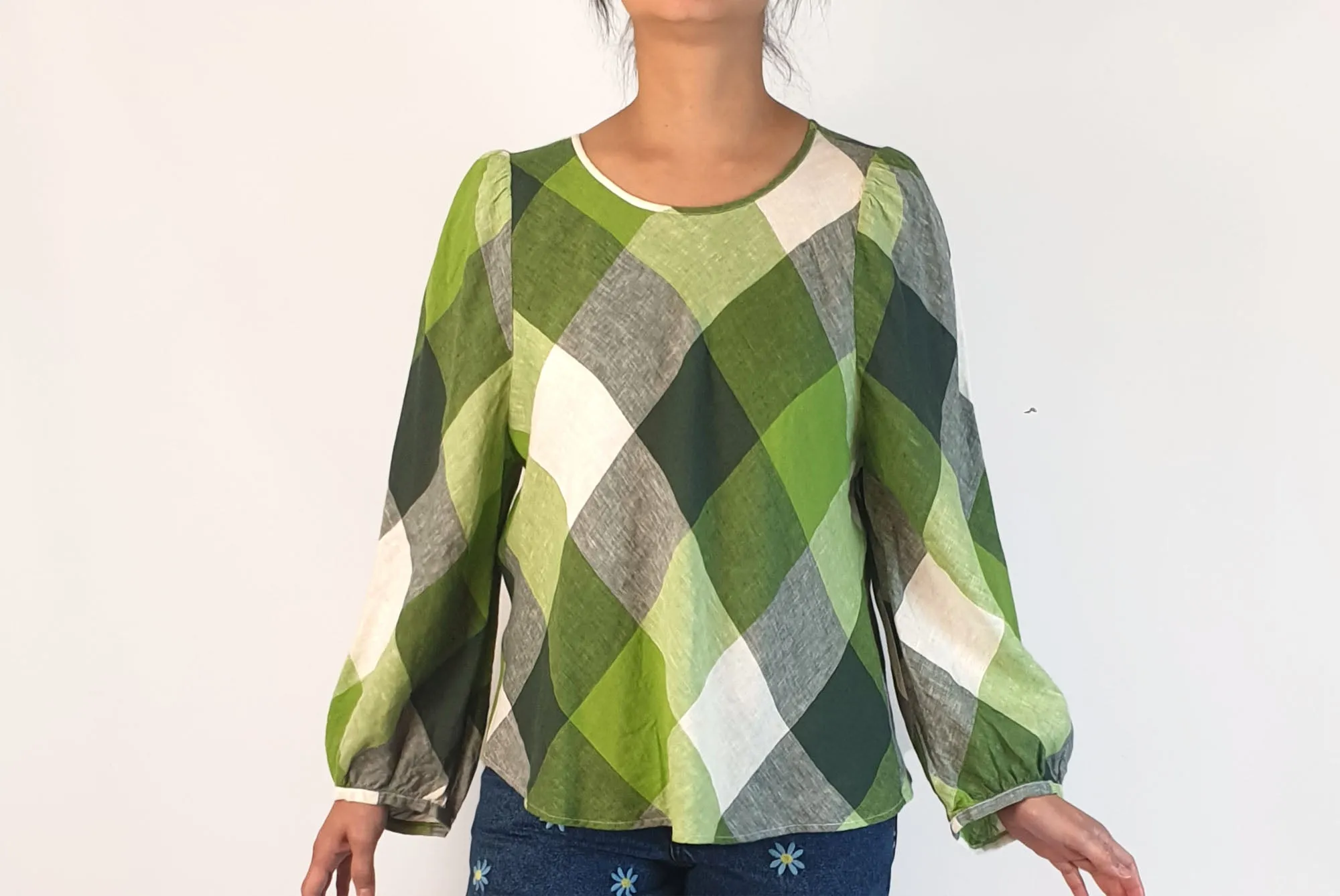 Gorman green check print linen long sleeve top size 10 (from 2023)