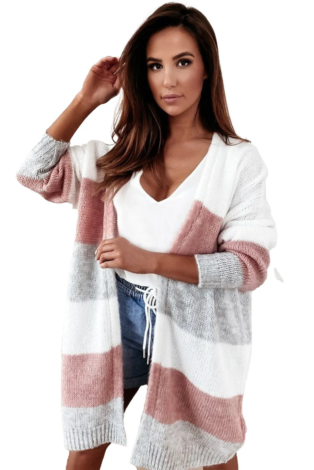 Gray Colorblock Stripe Open-Front Cardigan