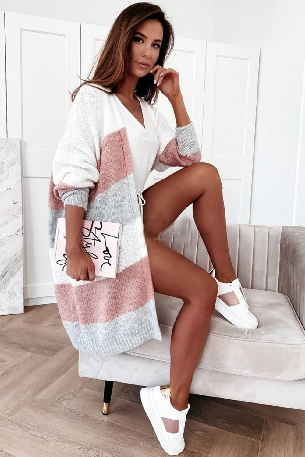Gray Colorblock Stripe Open-Front Cardigan