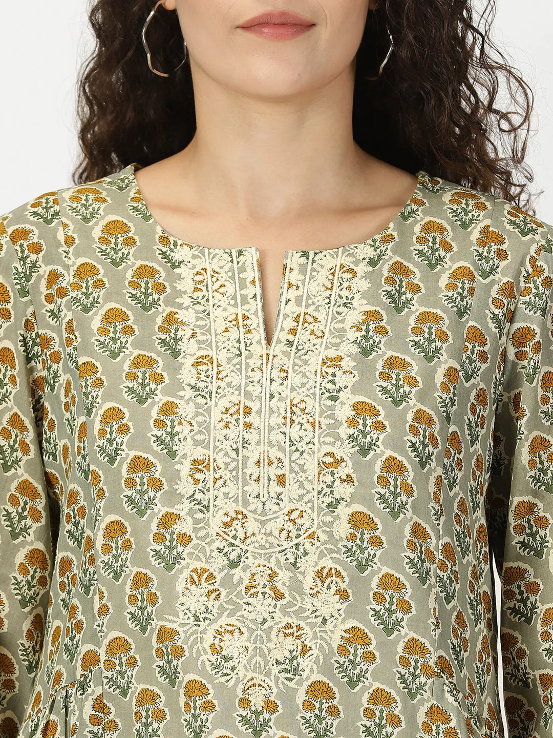 Green Floral Print A-line Tunic with Embroidered Yoke