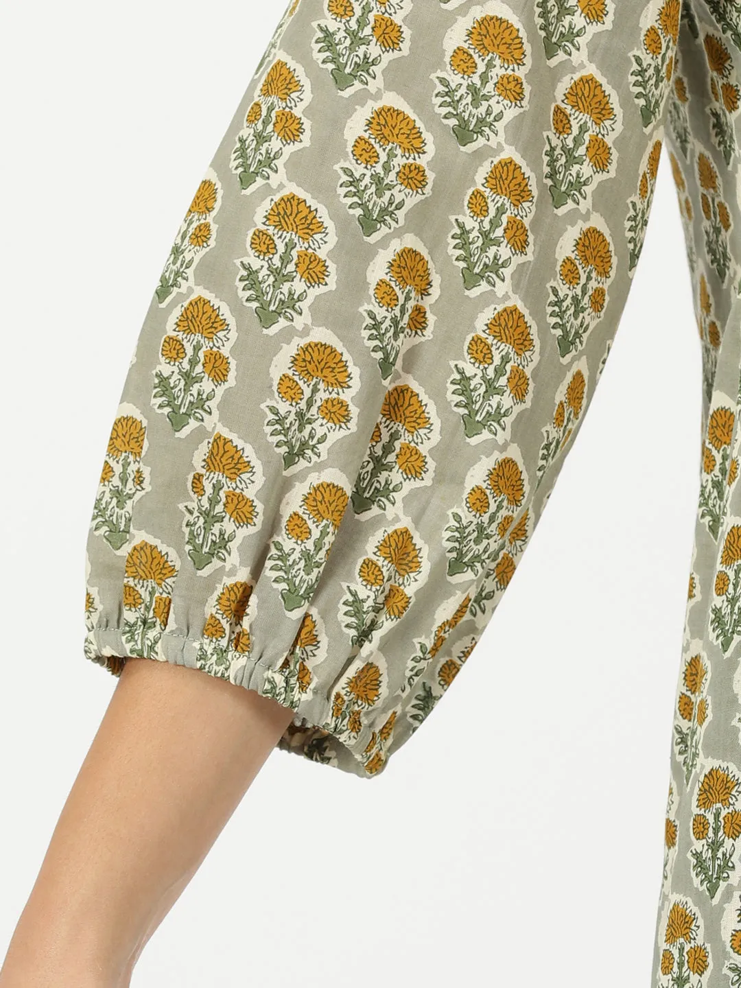 Green Floral Print A-line Tunic with Embroidered Yoke