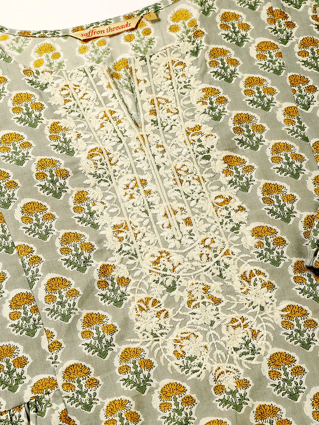 Green Floral Print A-line Tunic with Embroidered Yoke