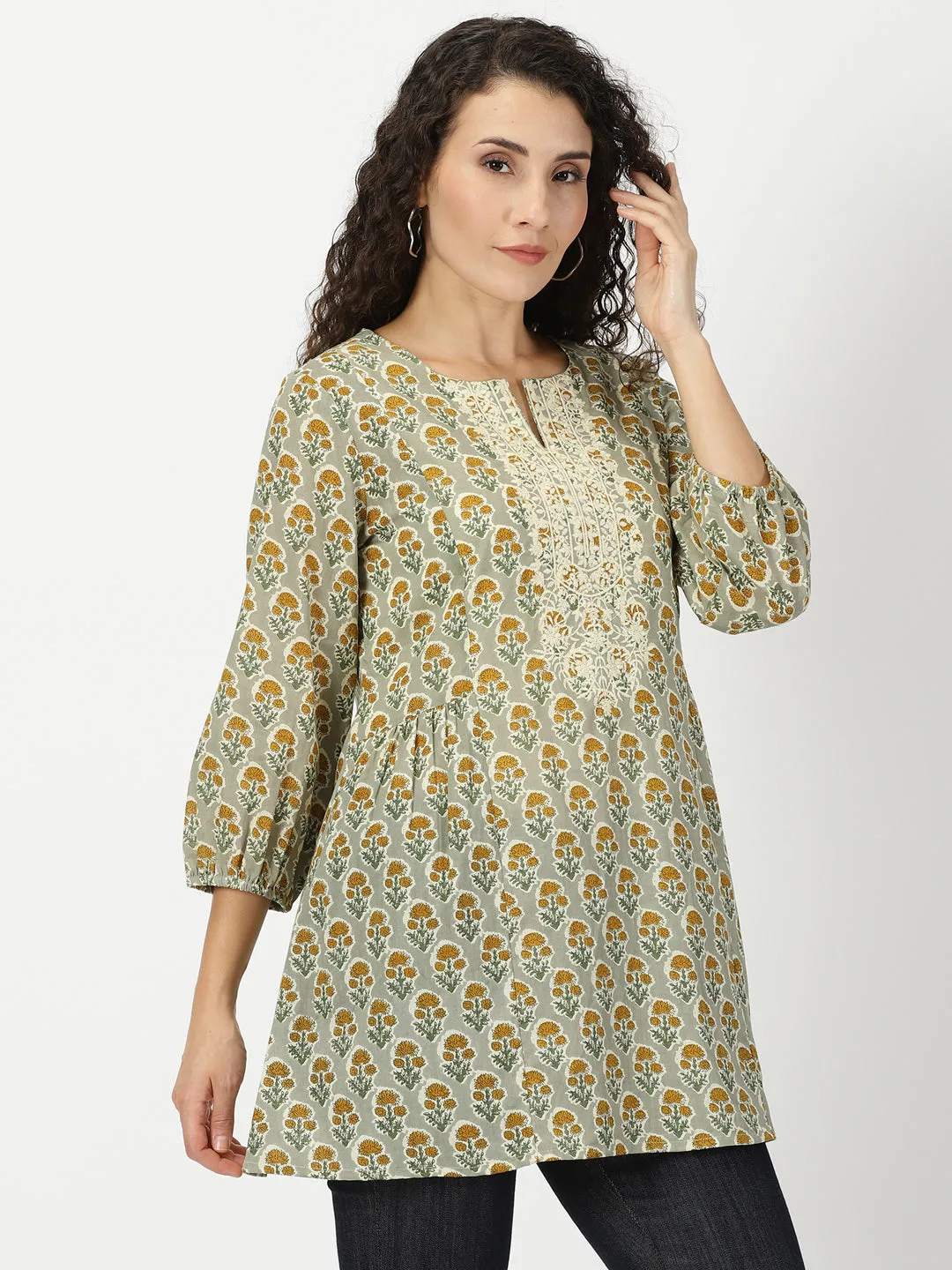 Green Floral Print A-line Tunic with Embroidered Yoke