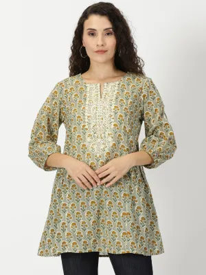 Green Floral Print A-line Tunic with Embroidered Yoke